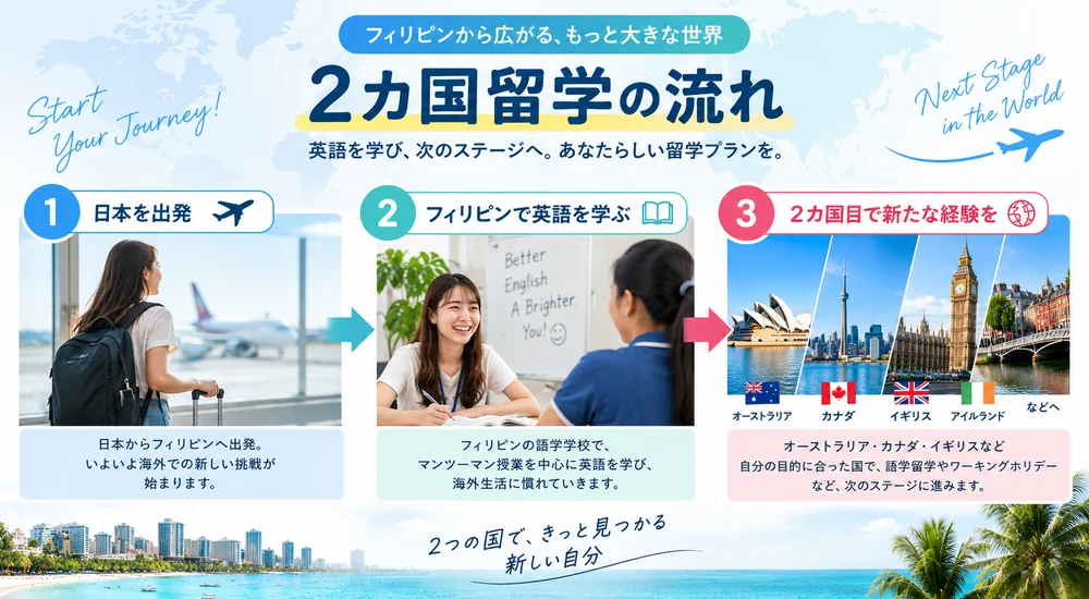 日本からフィリピンへ留学し、その後2カ国目へ進む2カ国留学の流れ