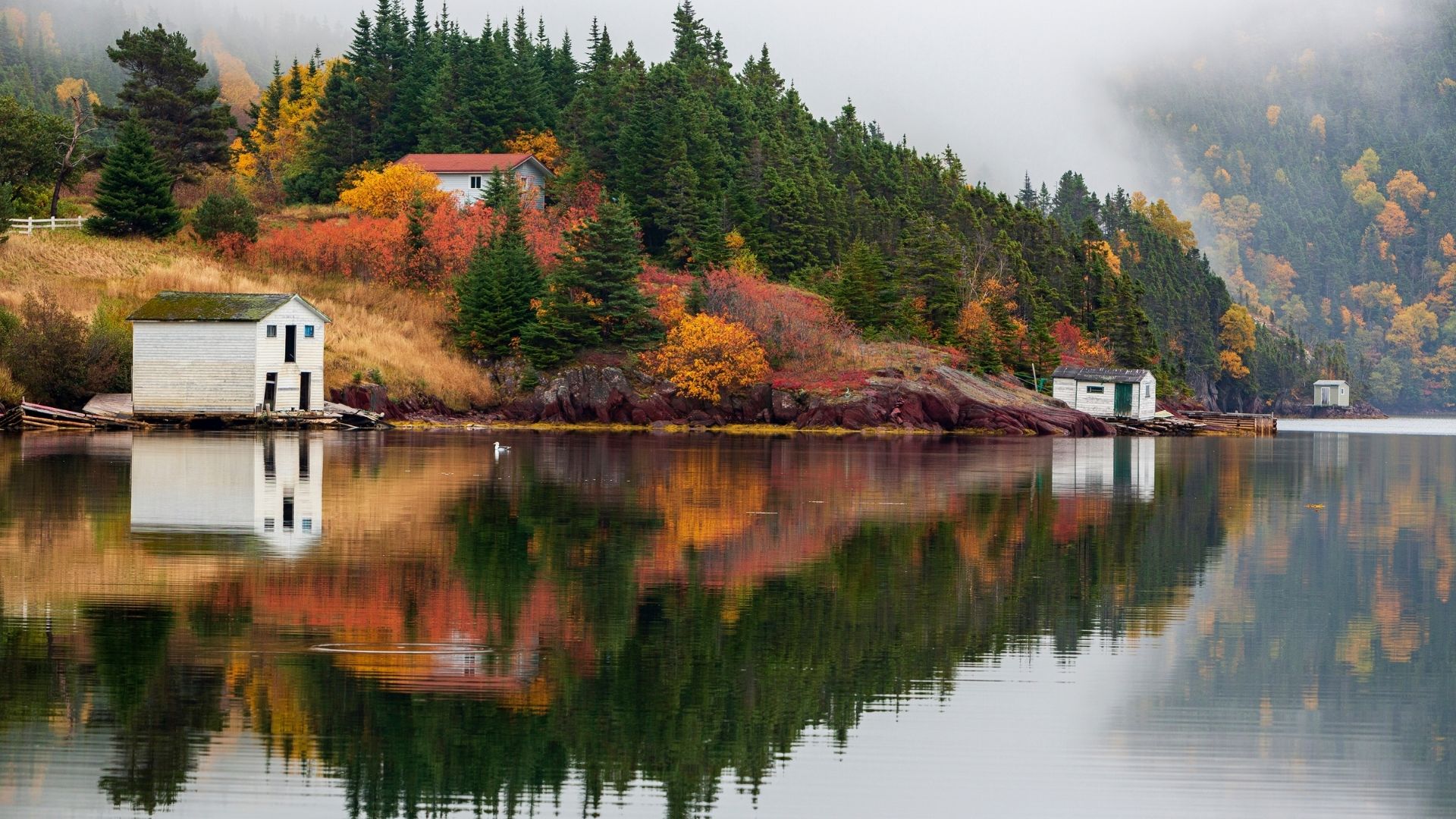 カナダの湖と紅葉の自然風景
