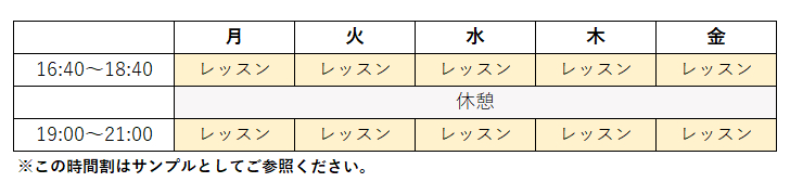 Evening 週20レッスンの時間割例