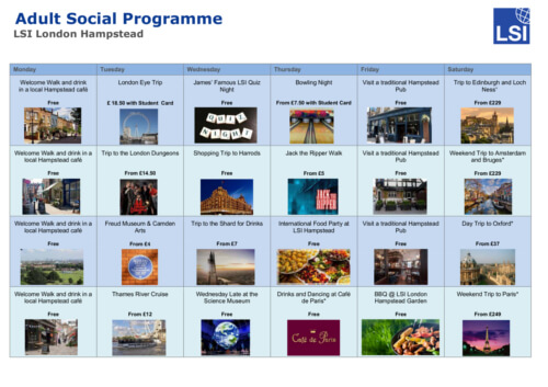 LSIロンドンハムステッドのアクティビティカレンダー