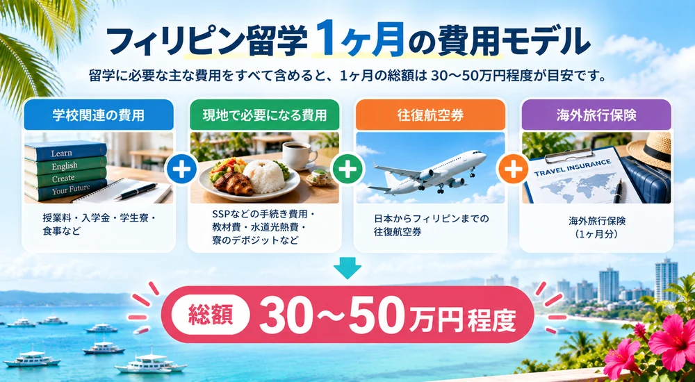 フィリピン留学1ヶ月にかかる学校関連費用・現地費用・往復航空券・海外旅行保険と総額30〜50万円の費用モデル