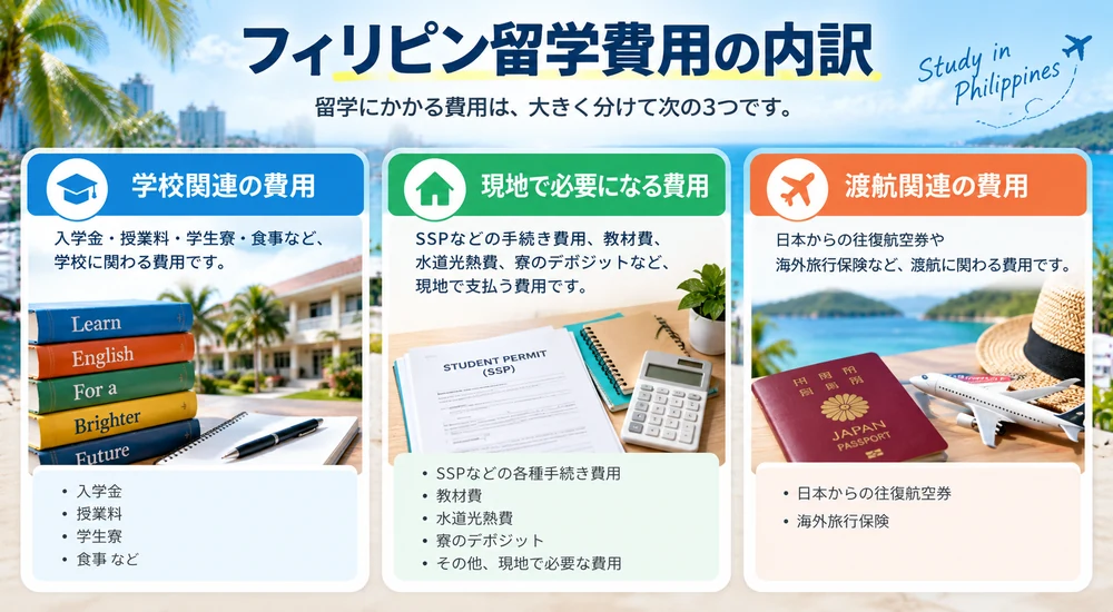 フィリピン留学にかかる学校関連費用・現地費用・渡航関連費用の内訳