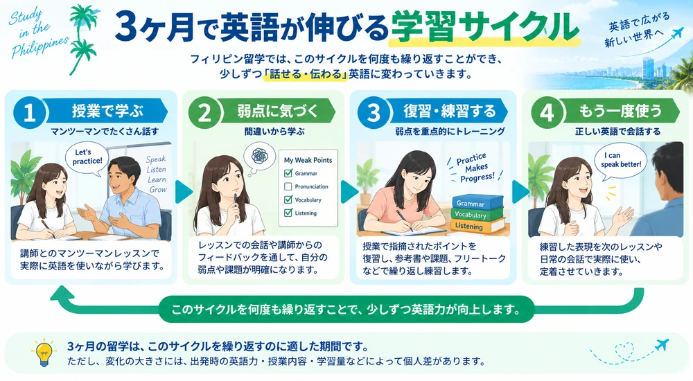 フィリピン留学3ヶ月で授業・弱点の把握・復習と練習・再実践を繰り返す英語学習サイクル