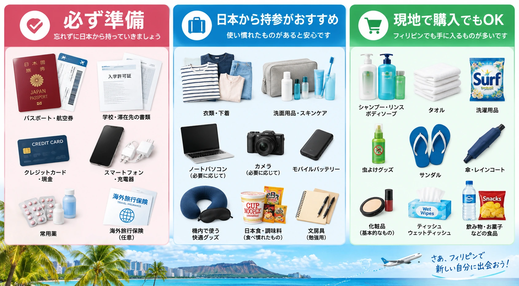フィリピン留学の持ち物を必須・日本から持参・現地購入に分けた一覧
