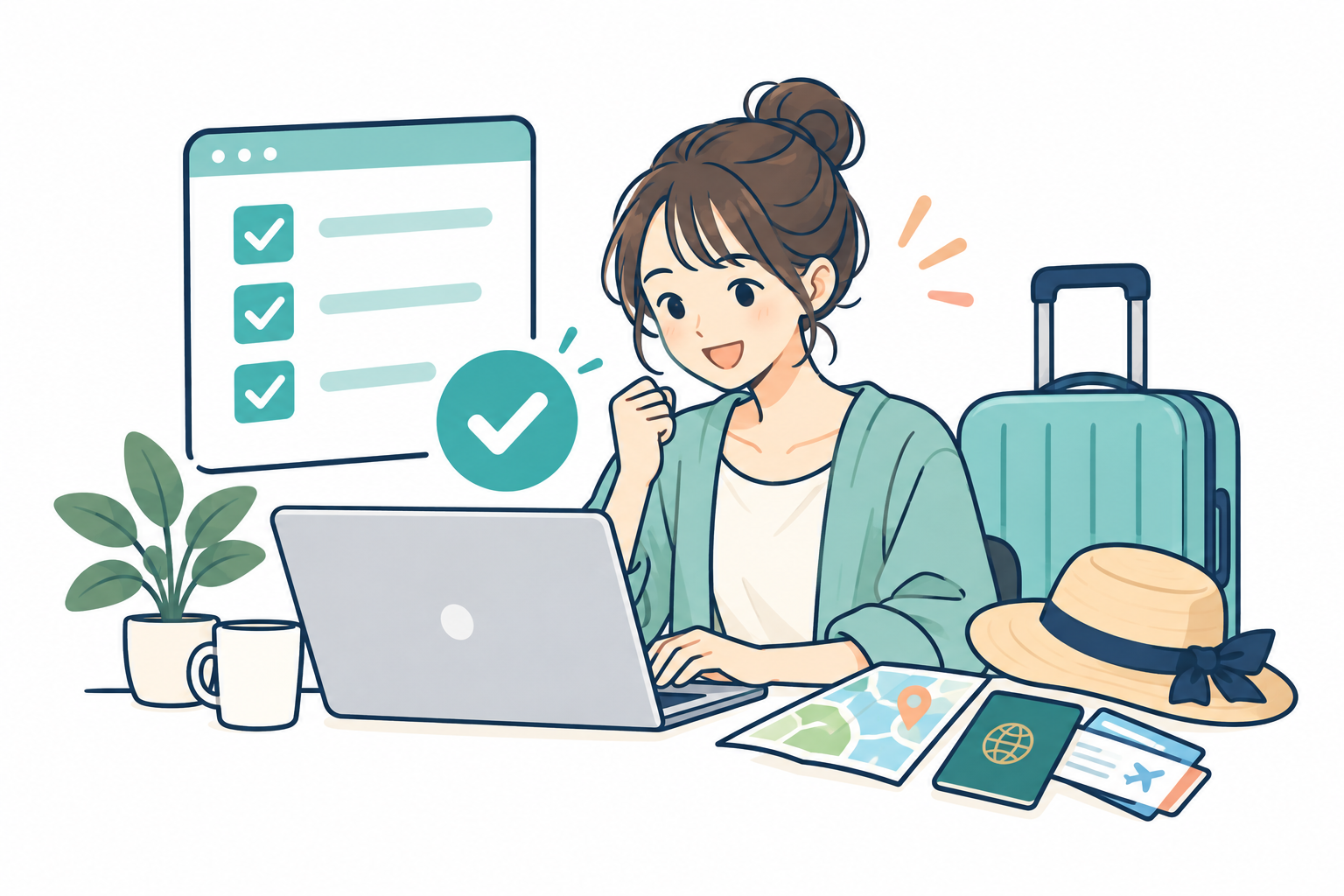 パソコンで会員登録と渡航準備をするイラスト